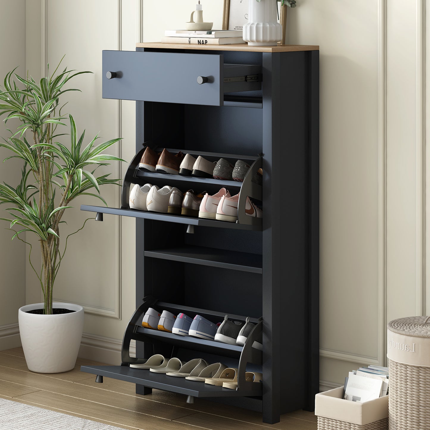 ONTREND with 2 flip drawers, top shoe cabinet with drawers, independent shoe rack with adjustable panel, for hallway use, black