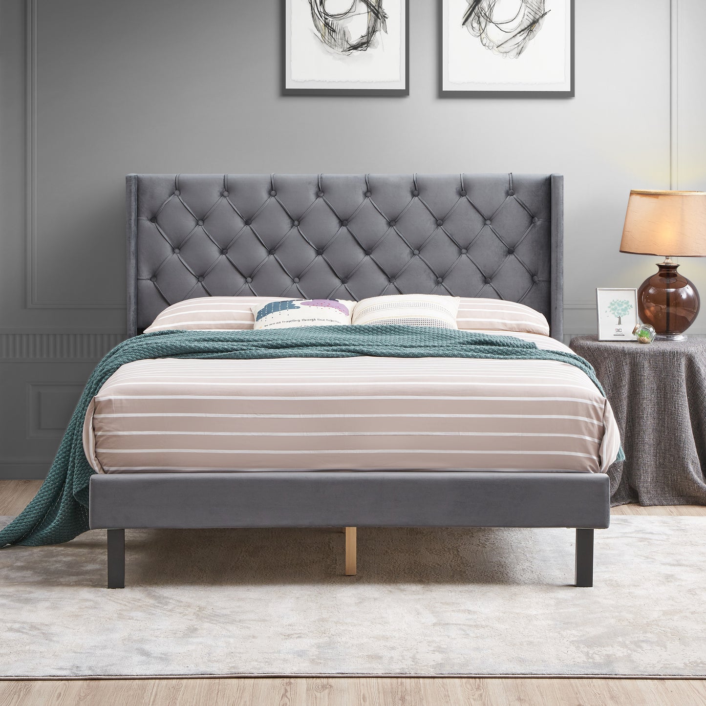 Velvet Button Tufted-Upholstered Bed with Wings Design - Strong Wood Slat Support - Easy Assembly - Gray Queen platform bed