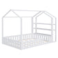 Full Size Wood House Bed with Fence and Detachable Storage Shelves, White