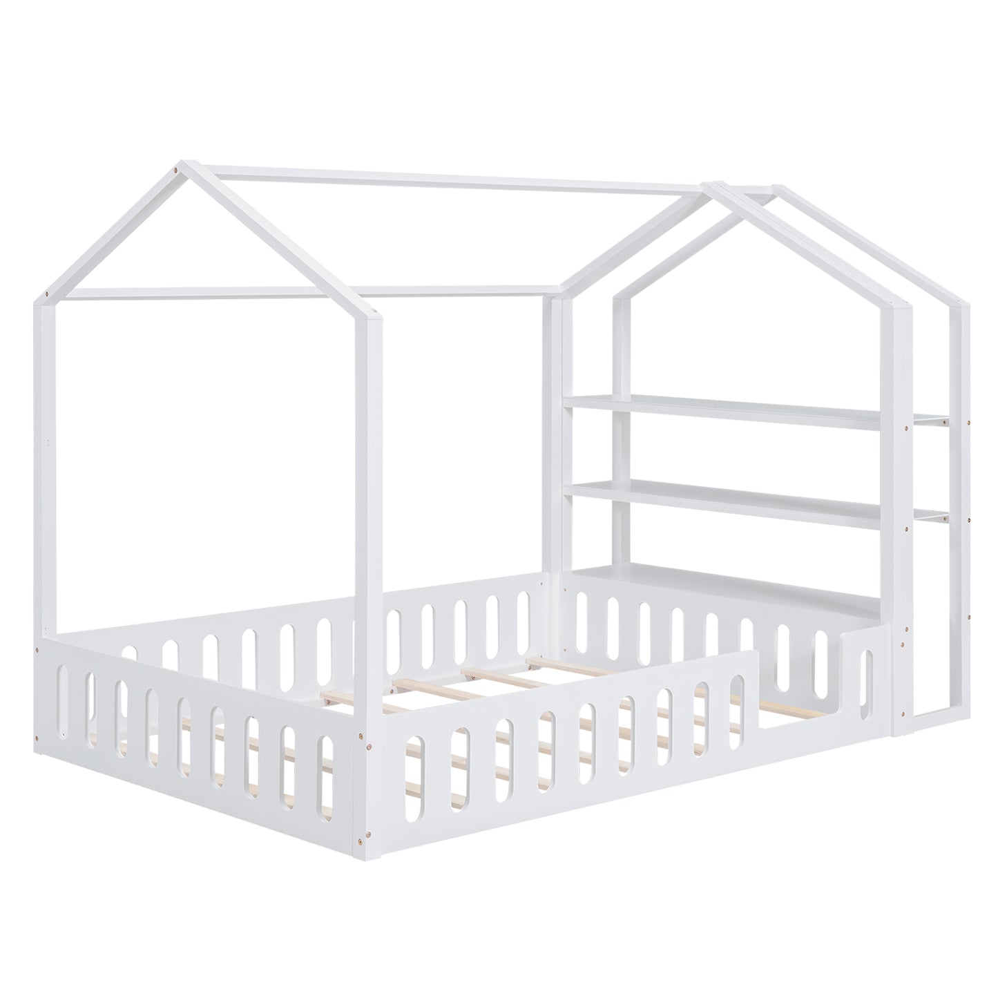 Full Size Wood House Bed with Fence and Detachable Storage Shelves, White