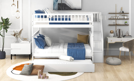 Full over Full Bunk Bed with Trundle and Staircase, White Finish for Spacious Bedrooms