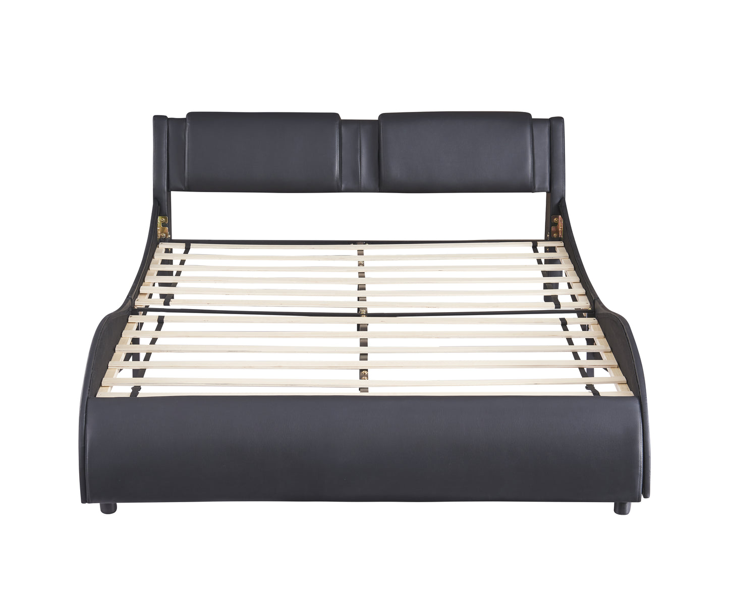 Queen Size Upholstered Faux Leather Platform Bed with LED Light Bed Frame with Slatted - Black