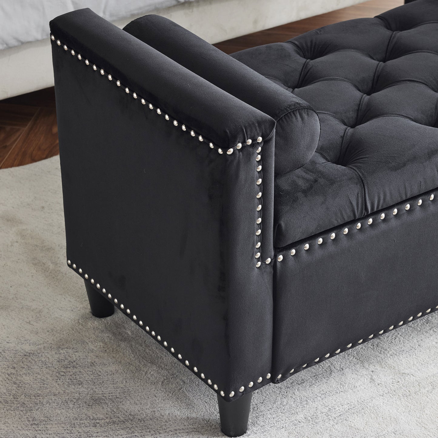 44.5-Inch Queen Velvet Storage Bench with Armrests and Nailhead Trim, Perfect for Entryways and Living Rooms, Black