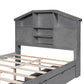 Full Size Wood Platform Bed with House-shaped Storage Headboard and 2 Drawers Gray