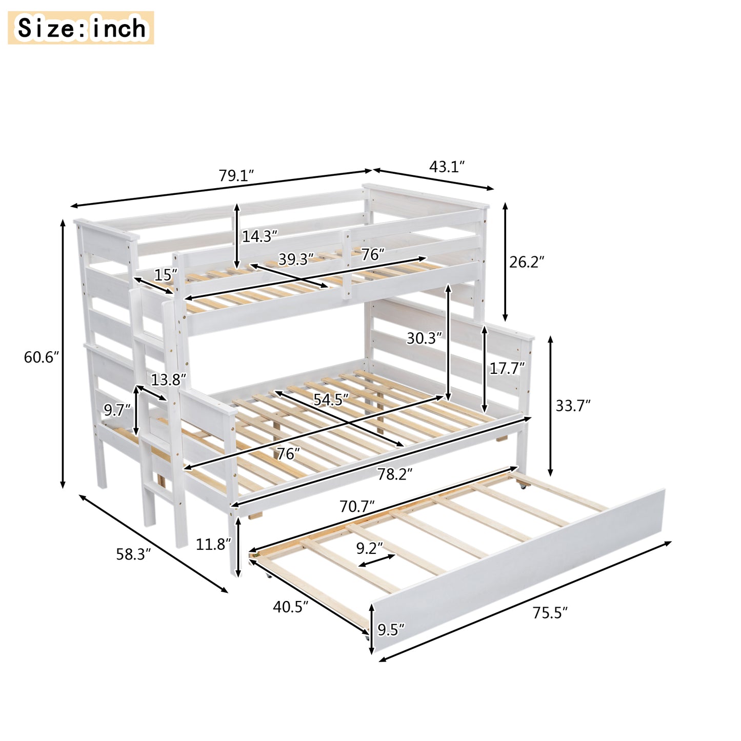 Litera de madera de dos plazas sobre cama matrimonial con cama nido de dos plazas, acabado blanco