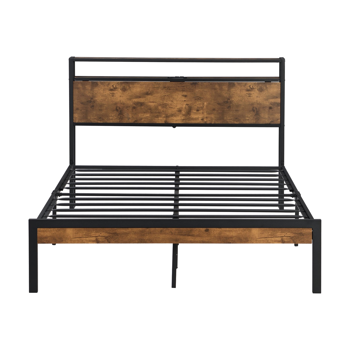 Queen Size Metal Platform Bed Frame with Wooden Headboard and Footboard with USB LINER