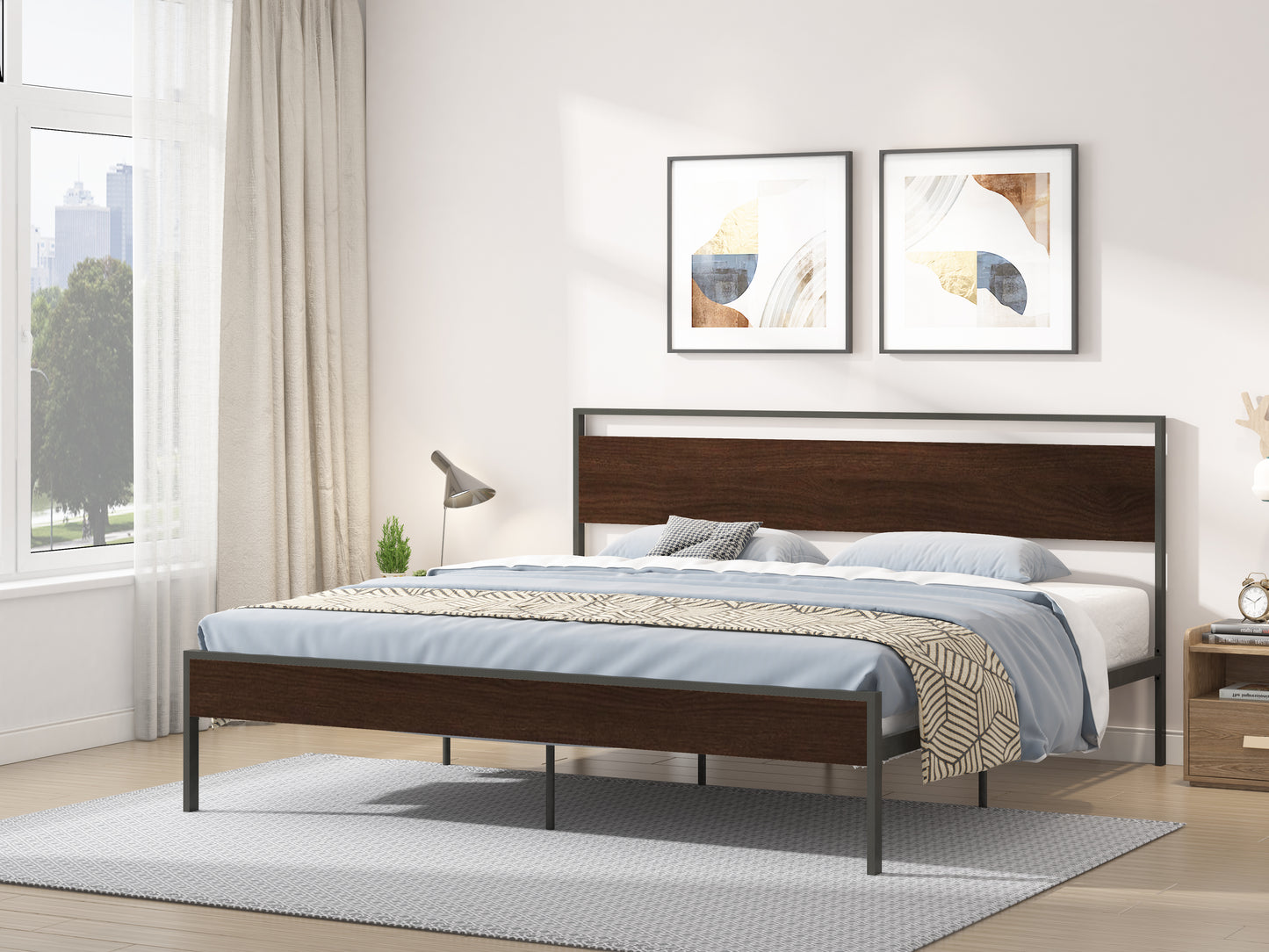 Ceres Metal Bed Black with Walnut wood Headboard&Footboard King