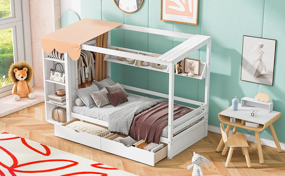 Twin size House Bed with Two Drawers and Wardrobe,White