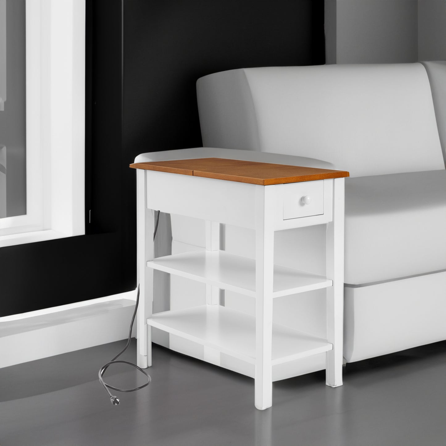 Narrow 2-tone End Table with USB Charging Ports for Small Space SOLID WOOD Table Legs White and Walnut