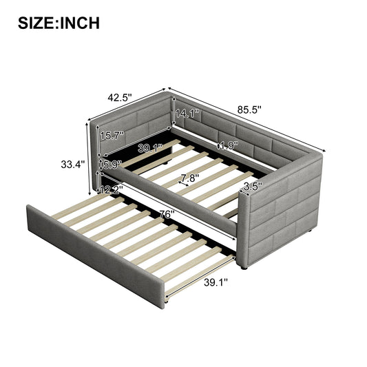 Twin Size Daybed with Trundle  Upholstered Daybed with Padded Back  Gray