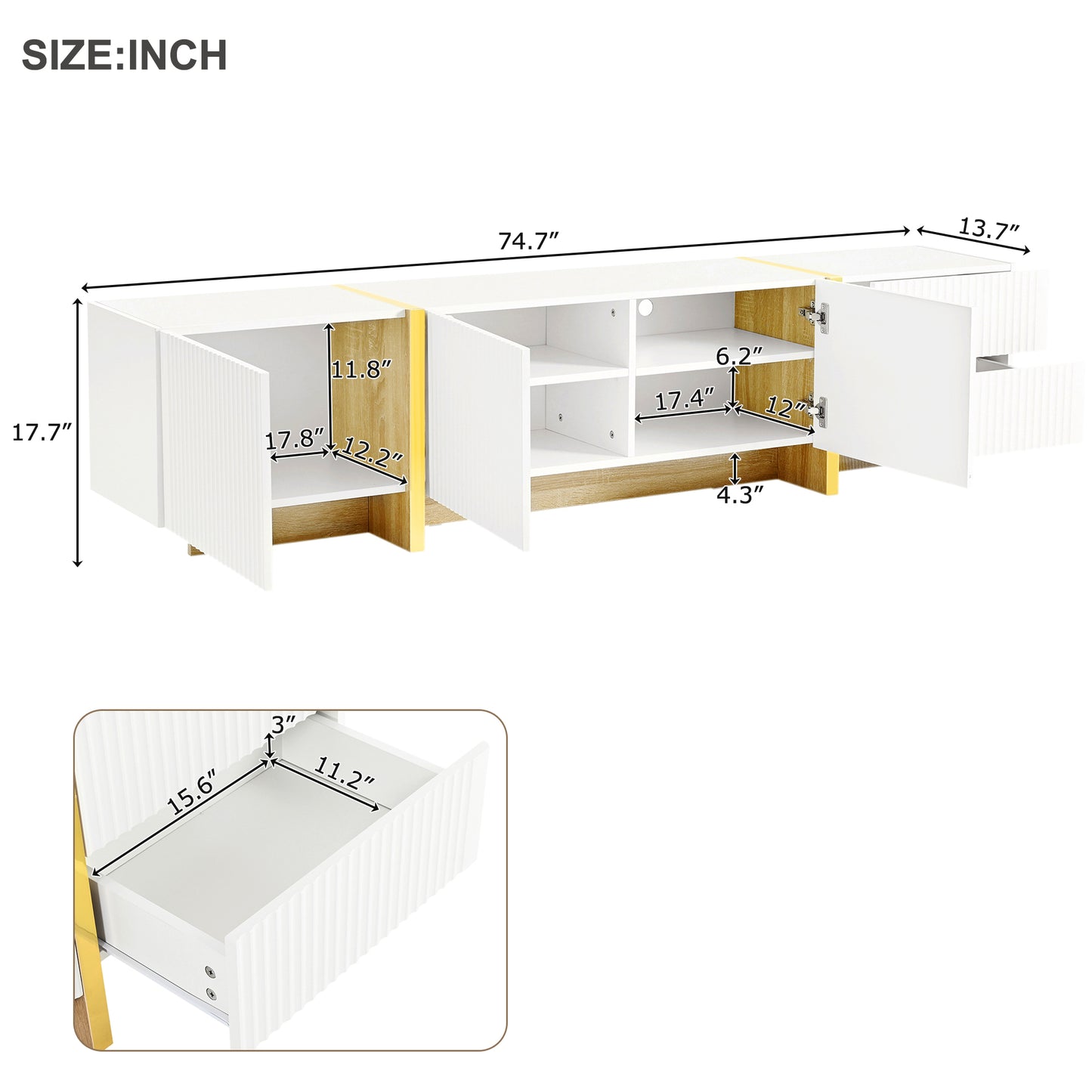 Luxury Fluted TV Stand for TVs Up to 80'', Modern Entertainment Center with Storage Cabinets & Drawer White