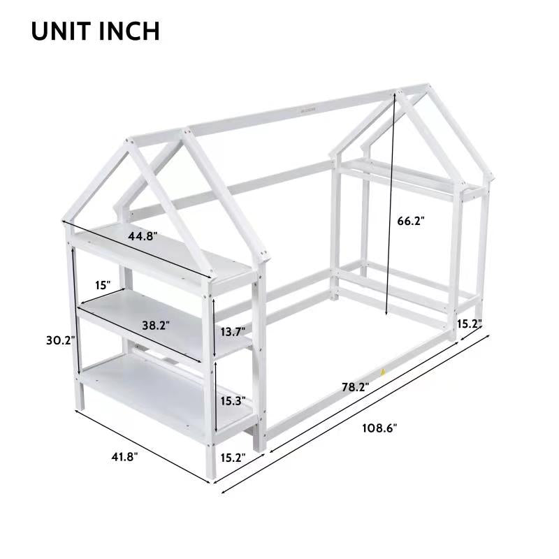 Twin House-Shaped Floor Bed with 2 Detachable Stands White