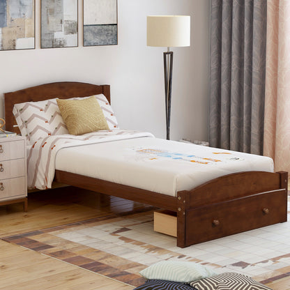 Platform Twin Bed Frame with Storage Drawer and Wood Slat Support No Box Spring Needed Walnut