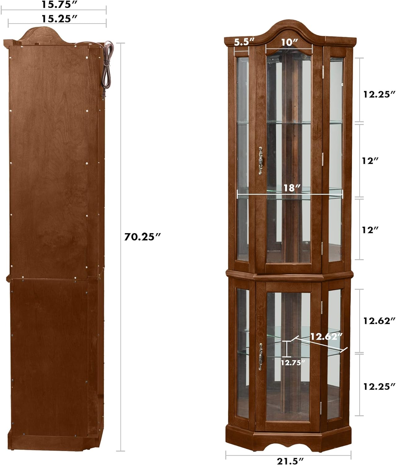 Corner Curio Cabinet with Adjustable Tempered Glass Shelves, Mirror Back Panel, Walnut Wood Finish