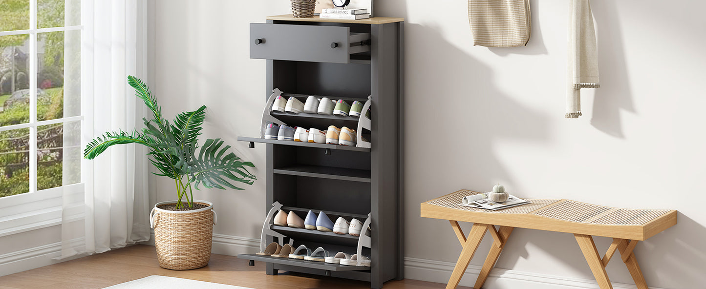 ONTREND functional with 2 flipped drawers, top shoe cabinet with adjustable panel, independent shoe rack, gray