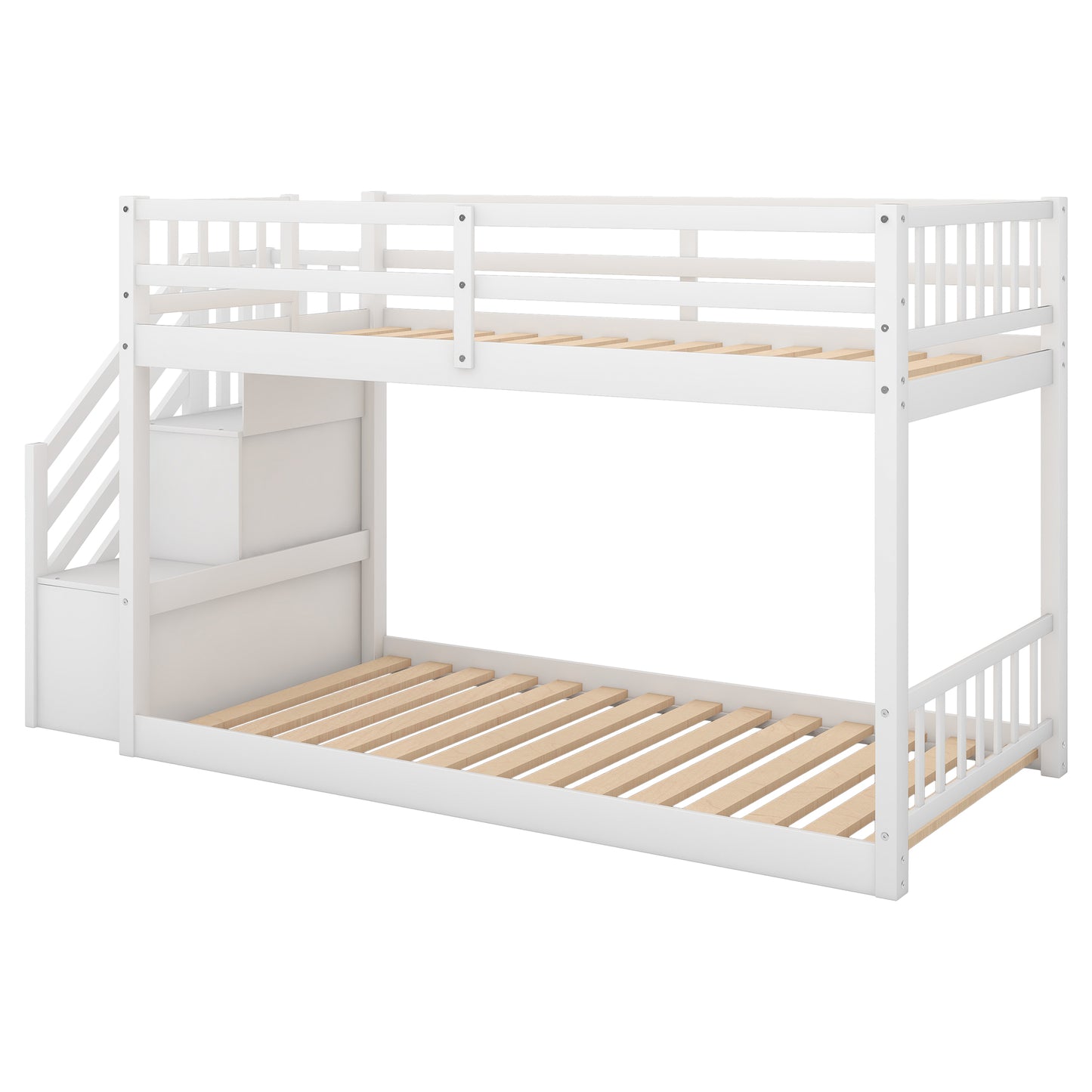 Twin over Twin Floor Bunk Bed, Ladder with Storage  White