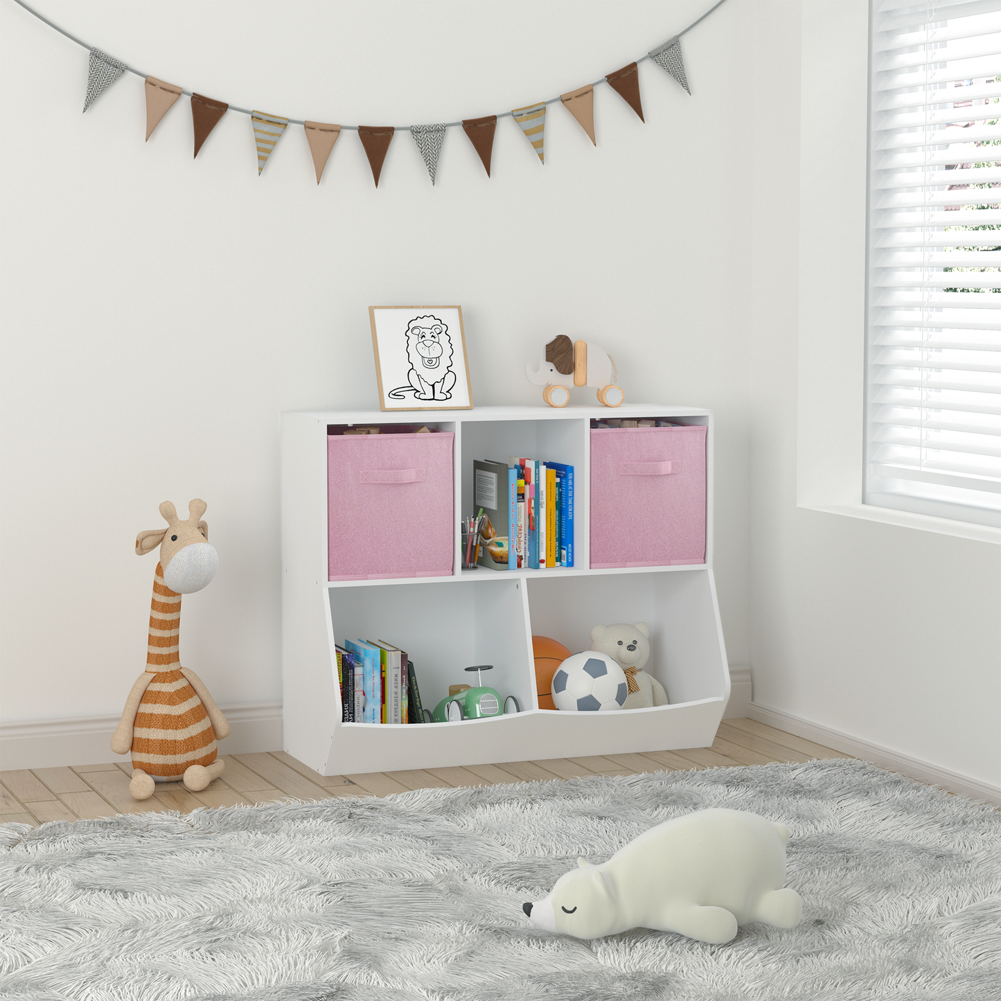 Kids Bookcase with Collapsible Fabric Drawers Children's Toy Storage Cabinet for Playroom White/Pink