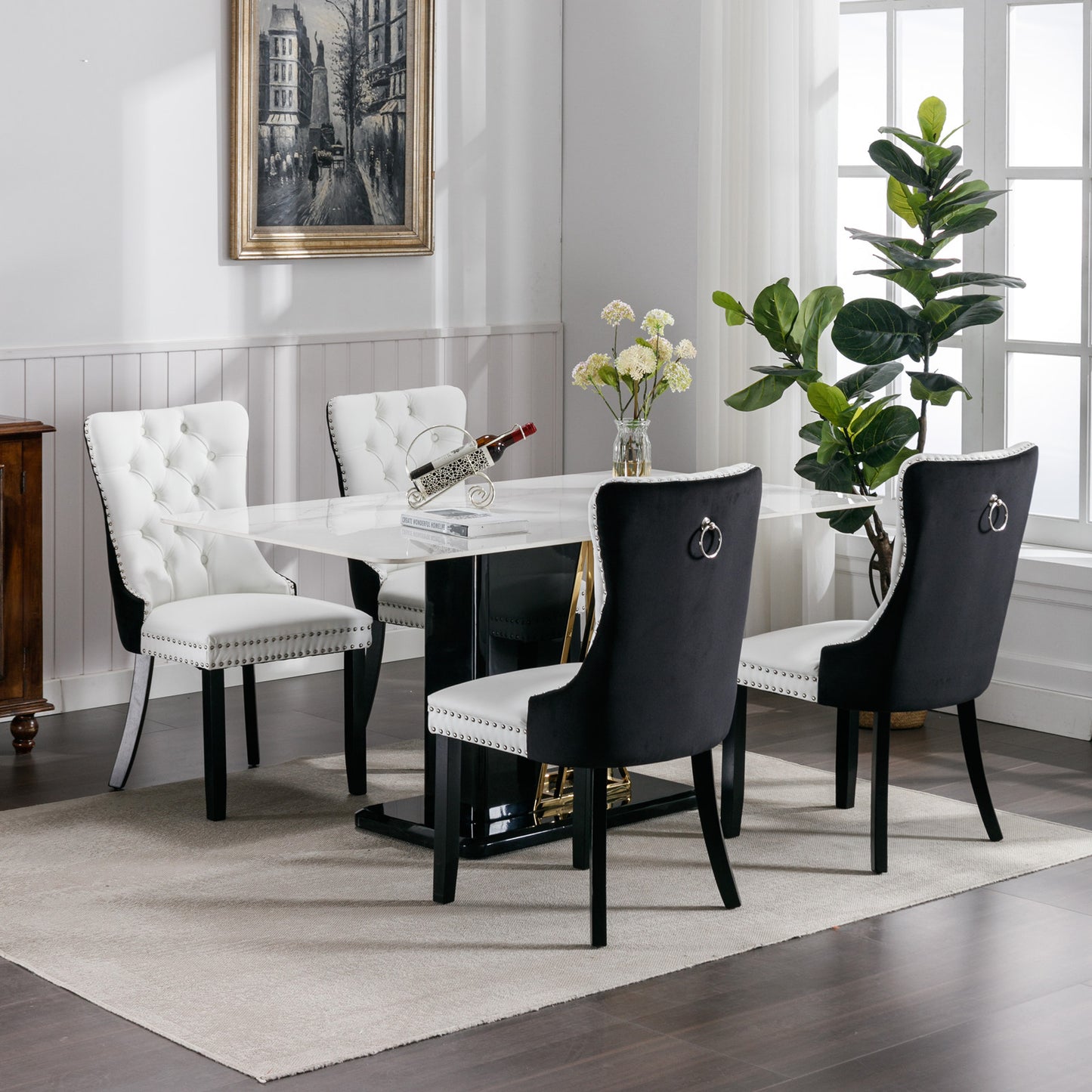 Tufted solid wood PU and velvet cushioned dining chairs with wooden leg nail head decoration 2-piece set in white and black