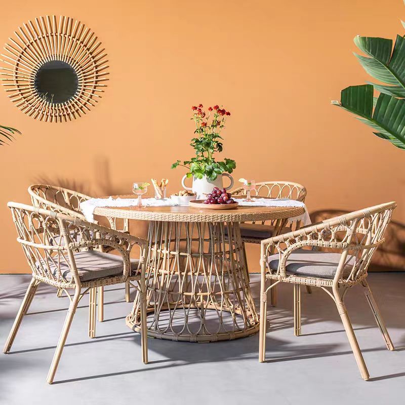 Outdoor Dining Set of 5, Simple Bamboo Table with PE Rattan Round Top, 110cm, Perfect for Patios