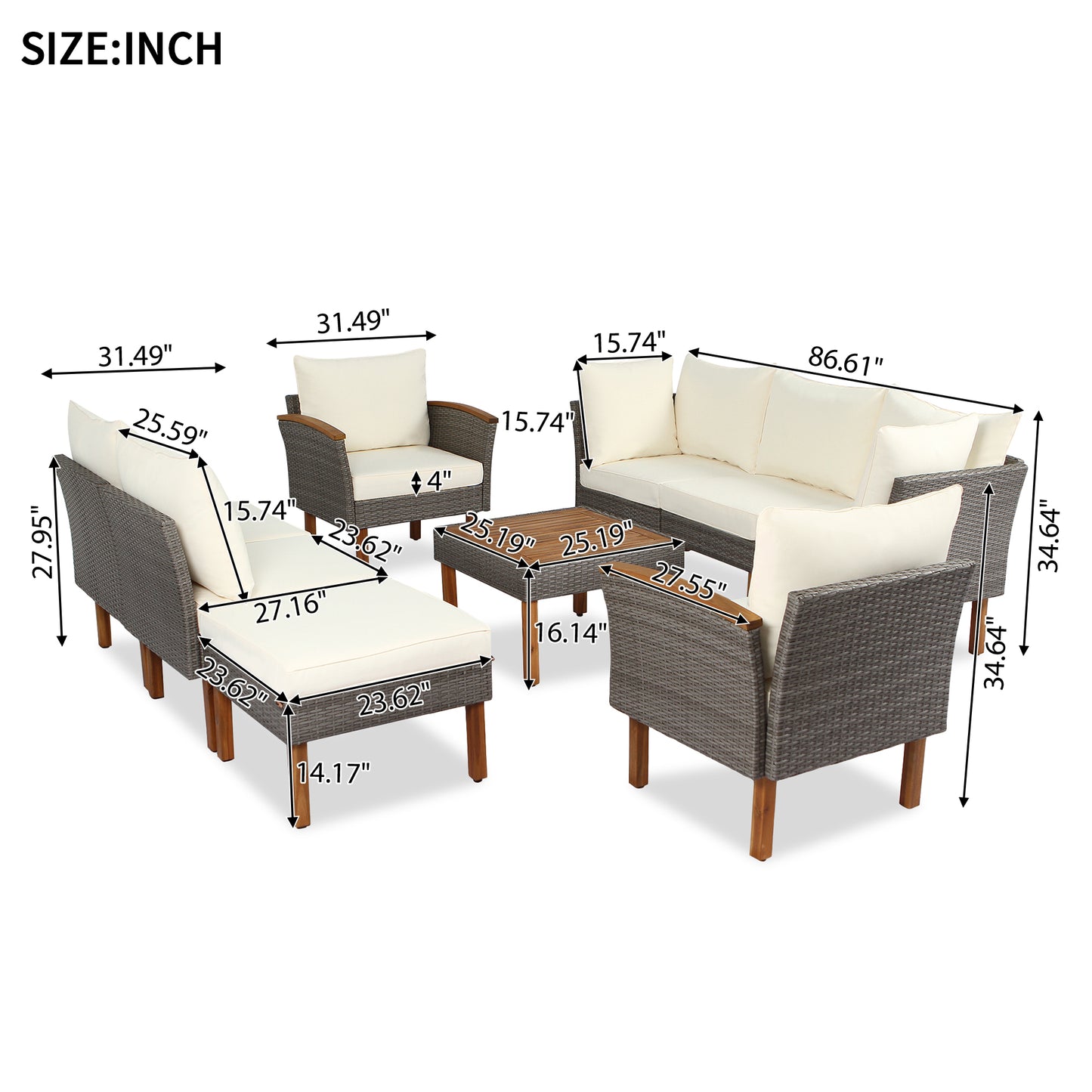 Juego de muebles de ratán para patio de 9 piezas con patas de madera de acacia, cojines lavables y mesa de centro, color beige