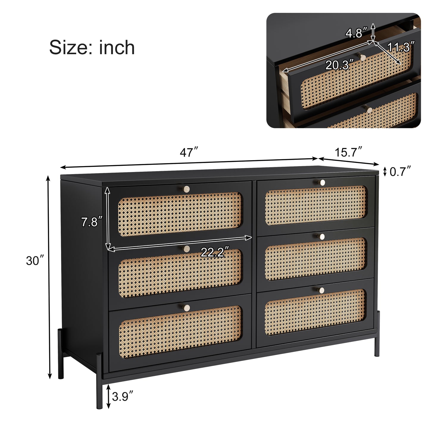 Modern Hemp Vine Wood Closet with 6 Drawers, Dressing Table, and Black Side Panel