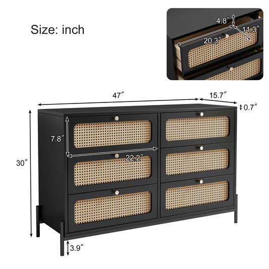 Armario moderno de madera de cáñamo con 6 cajones, tocador y panel lateral negro