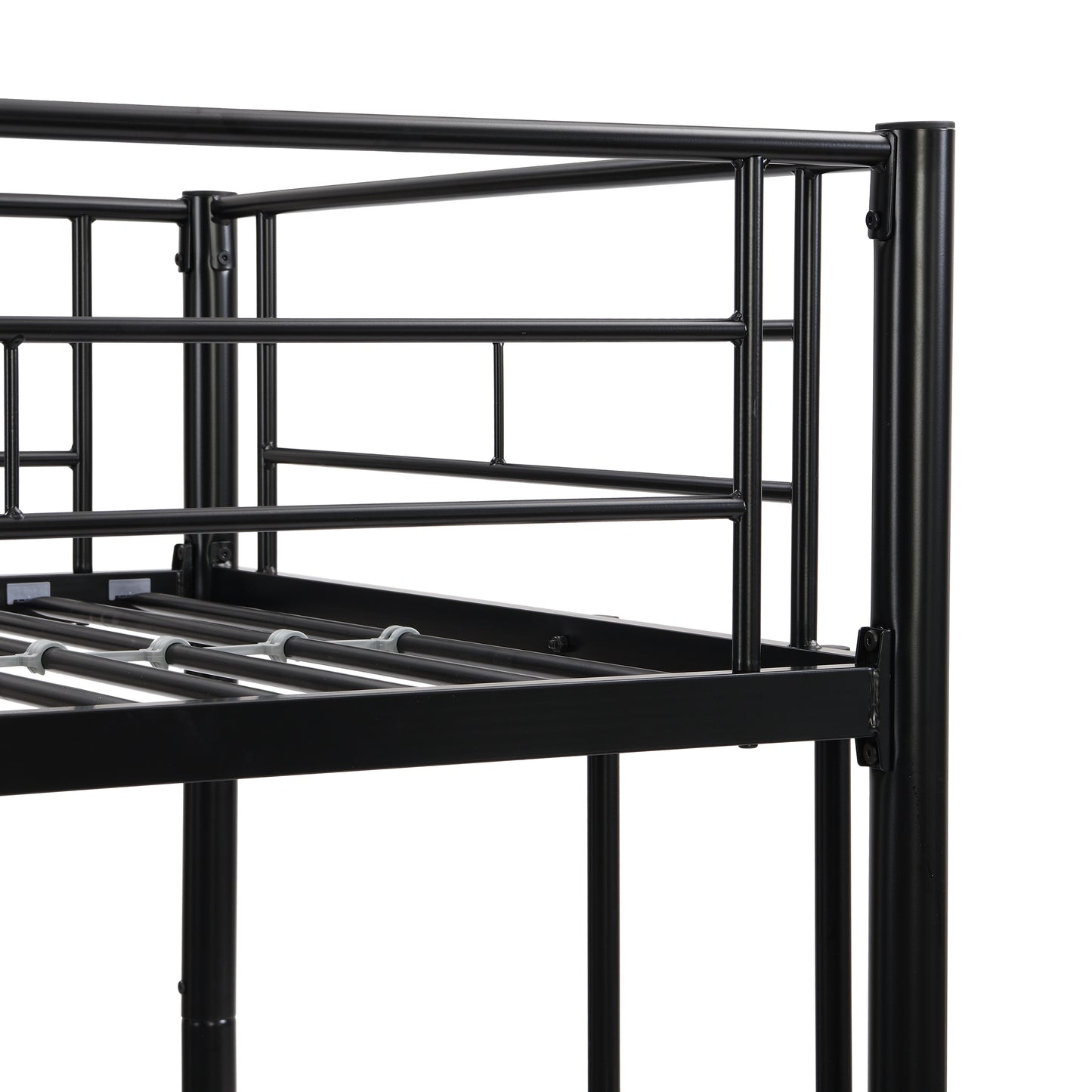 Cama de dos pisos con cama superior tamaño twin, 2 escaleras y barandilla de longitud completa, acabado negro