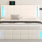 Queen Size Upholstered Bed with LED Lights Hydraulic Storage System and USB Charging Station White