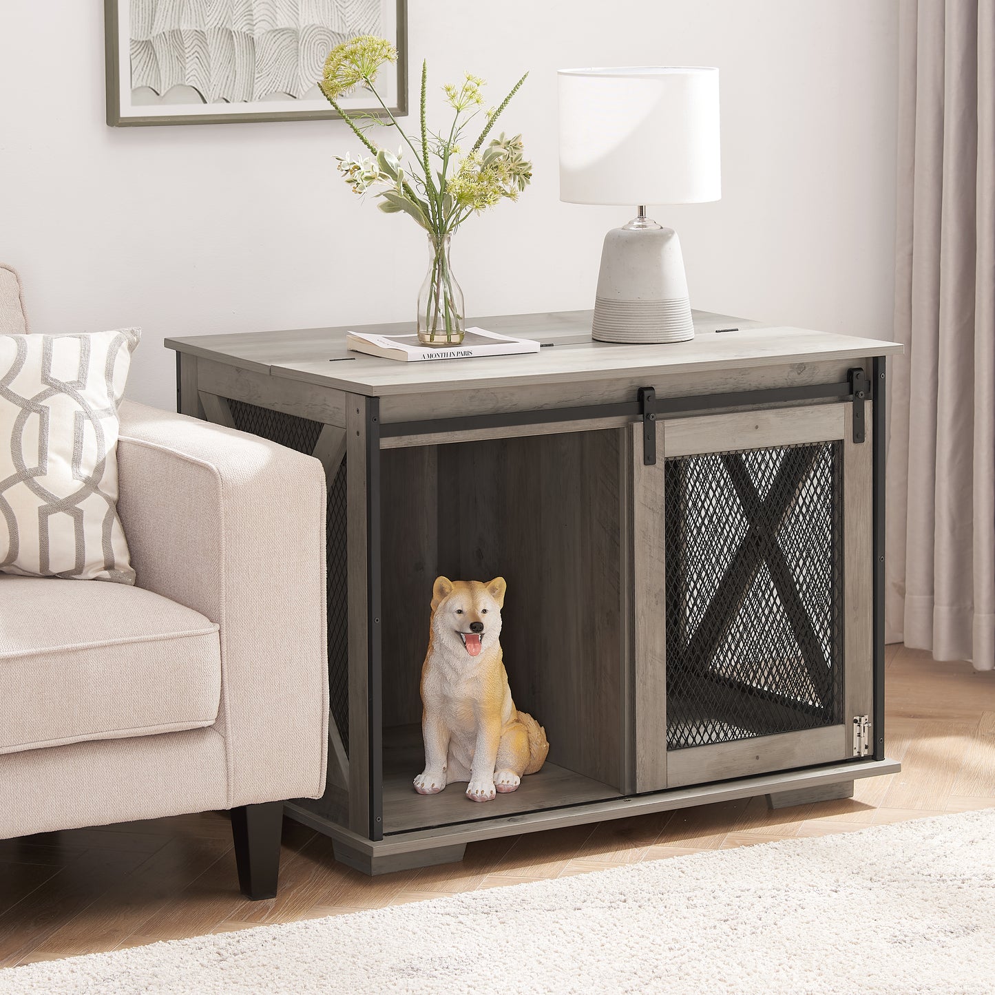 Farmhouse Dog Cage Crate Furniture with Sliding Barn Door, Farmhouse Wooden Dog Kennel End Table with Flip-top Plate Dog House