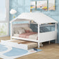 Wood Full Size House Bed with Twin Size Trundle and Storage  White