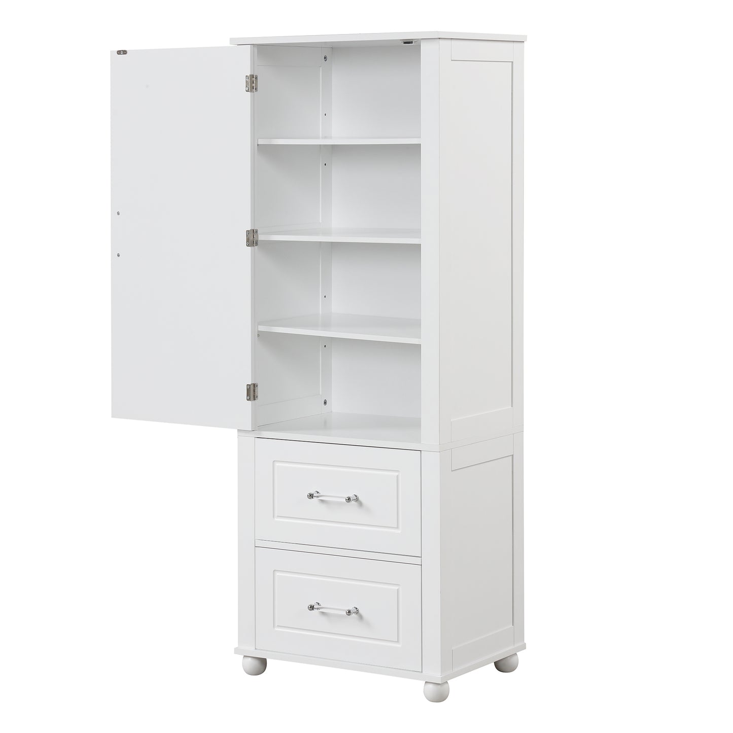 Tall Bathroom Storage Cabinet with 2 Drawers and Adjustable Shelf, White MDF Board Design