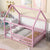 Full Size Floor Wooden Bed with House Roof Frame, Fence Guardrails ,Pink