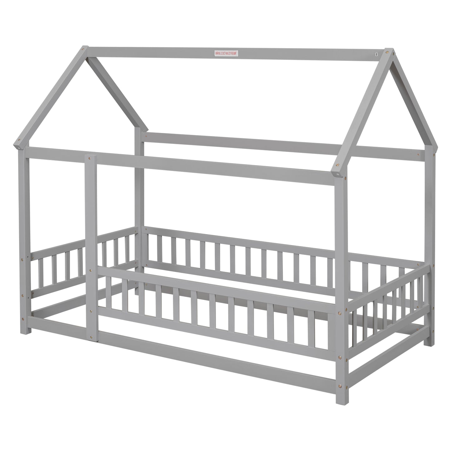 Twin Size Floor Wooden Bed with House Roof Frame, Fence Guardrails,Grey