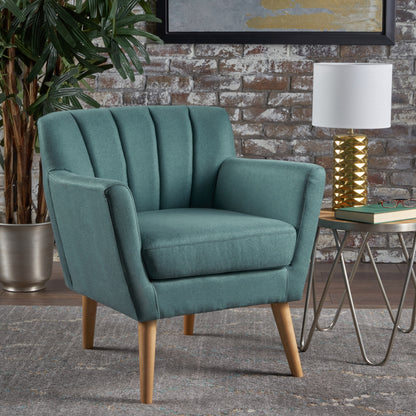 Sillón club de tela de estilo moderno de mediados de siglo, acabado en verde azulado oscuro y natural, perfecto para salas de estar