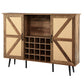 Oak Color Faux Rattan Barn Door Wine Cabinet with Wine Rack and Wine Glass Rack, Double Door Design with Removable Shelves