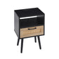 Rattan End table with Power Outlet & USB Ports Modern nightstand with drawer and solid wood legs black