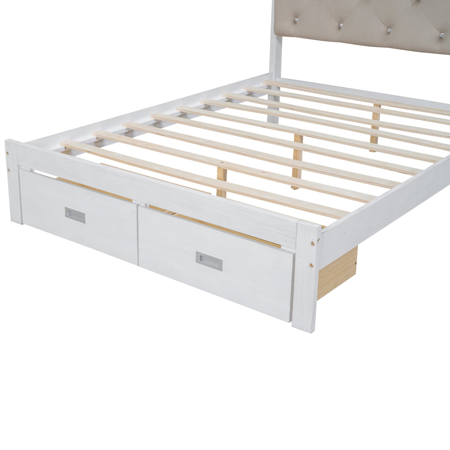 Wood Full Size Platform Bed with Upholstered Headboard and LED and 2 Drawers, Antique White