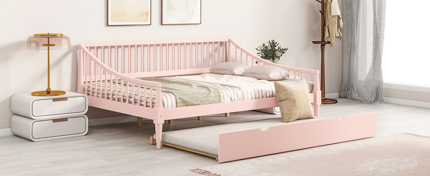 Full Size Daybed with Trundle and Support Legs, Pink Finish for Bedrooms