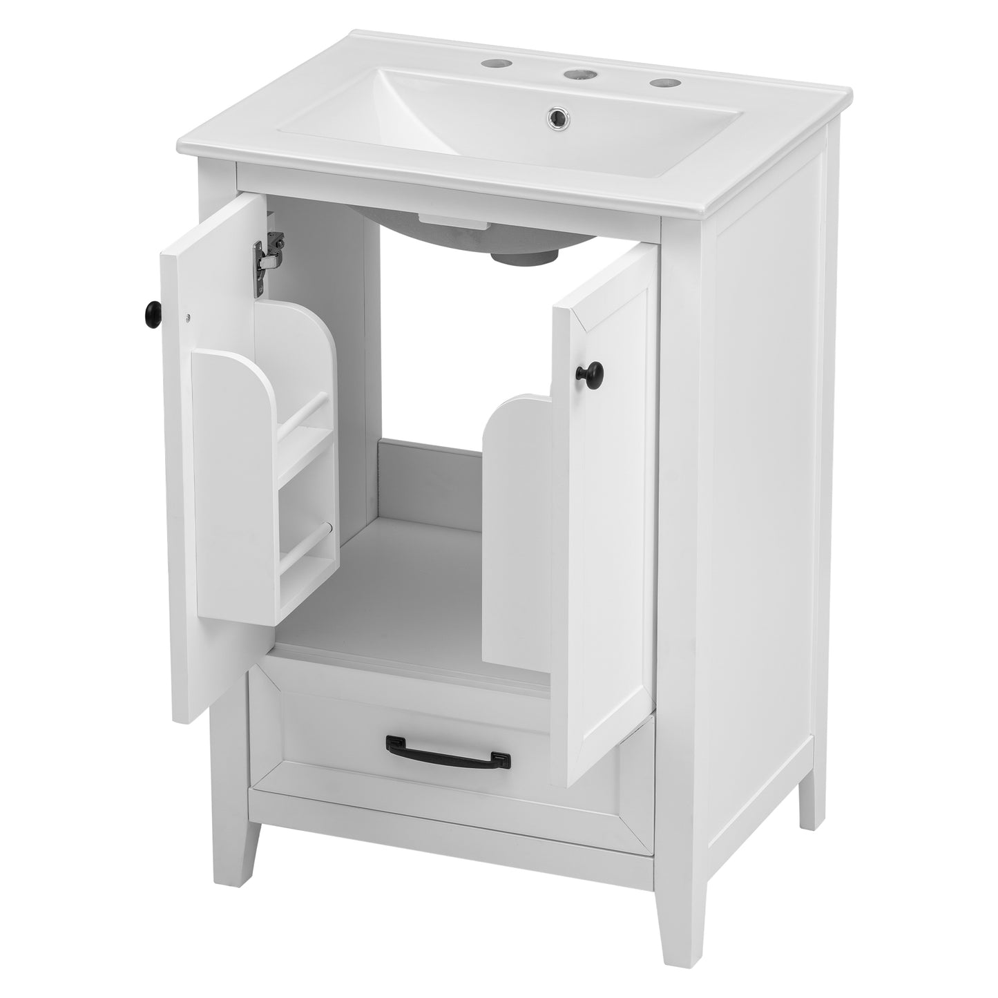 24" Bathroom Vanity with Sink, Solid Wood and MDF Cabinet with One Drawer and Doors, White Finish