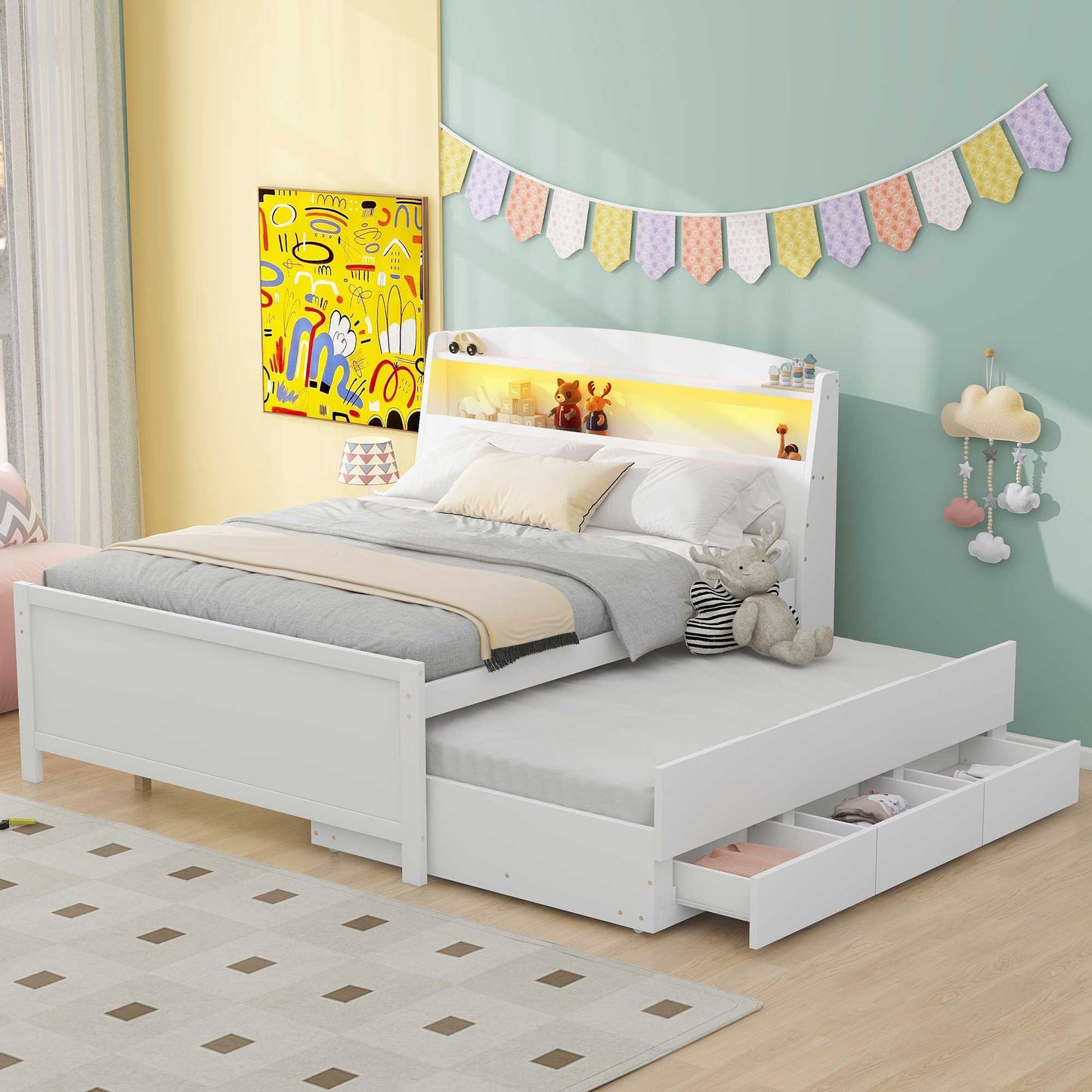 Full Size Platform Bed with Storage LED Headboard  Twin Size Trundle and 3 Drawers White