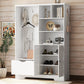 Multi-functional Hall Tree with Storage Shelves Drawers Cabinet Elegant Hallway Shoe Cabinet with Bench Modern Coat Rack White