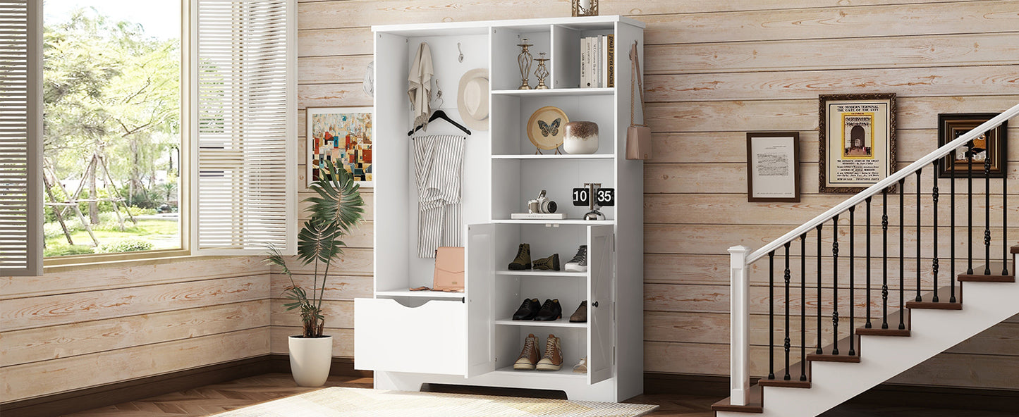 Multi-functional Hall Tree with Storage Shelves Drawers Cabinet Elegant Hallway Shoe Cabinet with Bench Modern Coat Rack White