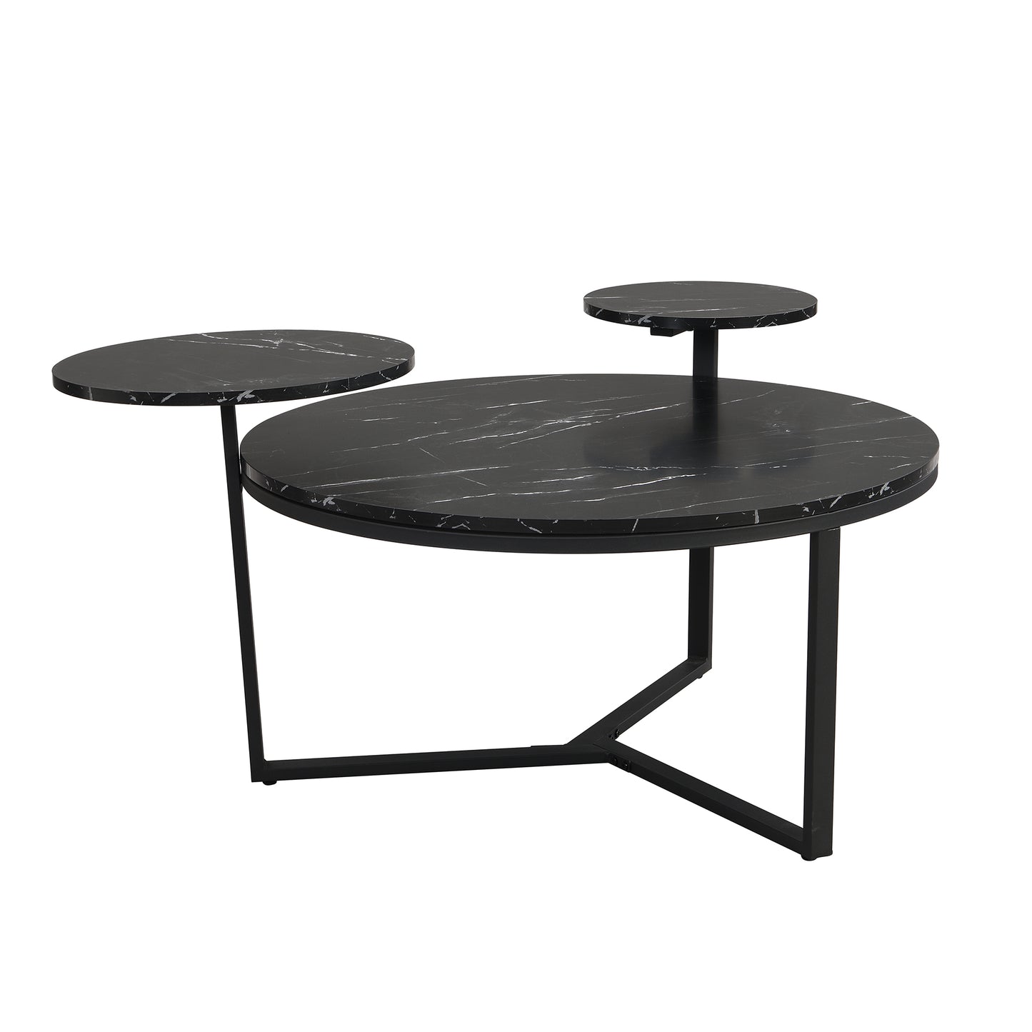 Modern coffee table with two display shelves, Black Faux marble surfaces, Tripod-inspired base,Rounded tabletop edges