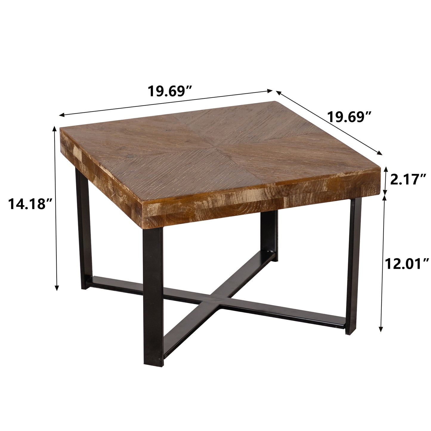 Modern Retro Splicing Square Coffee Table Fir Wood Table Top with Cross Legs Metal Base (Set of 2 pcs )