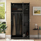 3 Door Wardrobe with Mirror, Armoire with Hanging Rod and 3 Fixed Shelves,Black