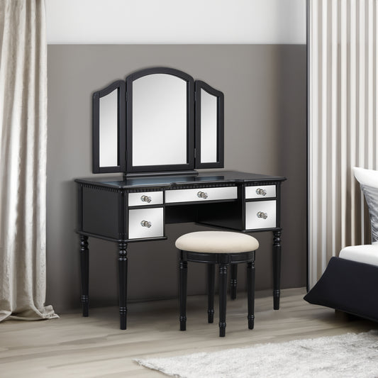 Dressing Table Set with Mirrored Drawers and Stool, Tri-fold Mirror, Makeup Vanity Set for Bedroom, Black