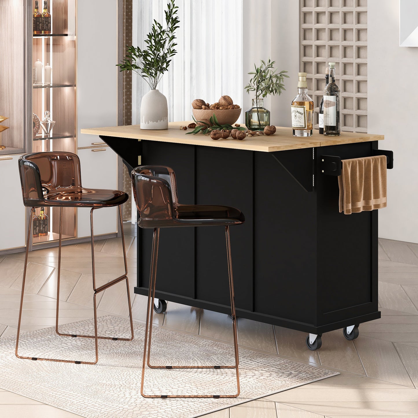 Kitchen trolley with rubber wood leaf countertop, 5-wheel kitchen island, storage cabinet and 3 dining drawers, black