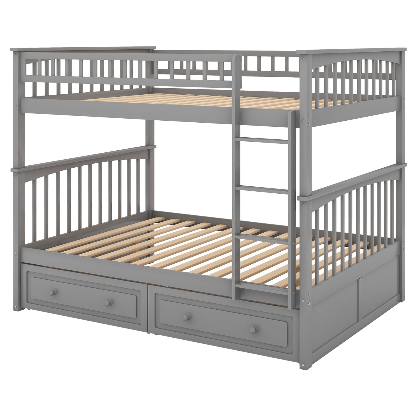 Full over Full Bunk Bed with Drawers, Convertible Beds  Gray