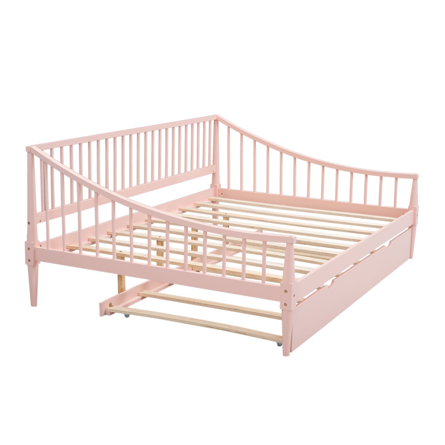 Full Size Daybed with Trundle and Support Legs, Pink Finish for Bedrooms