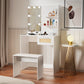 Vanity Desk Set Stool & Dressing Table with LED Lighting Mirror Drawer and Wood Cosmetic Table Chest of Drawers White Color